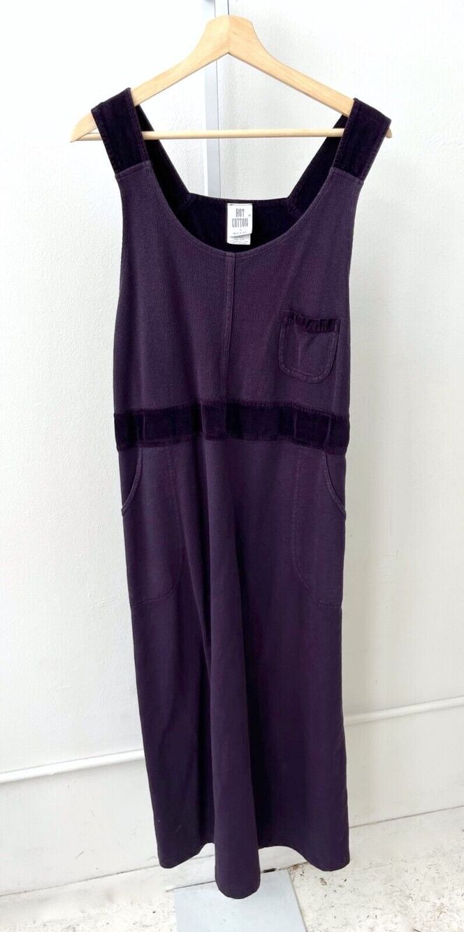 HOT COTTON L Sleeveless Jumper Maxi Dress Velvet Trim 100% Cotton Dark Purple